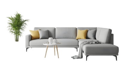 Modern gray sofa with yellow pillows isolated on transparent background