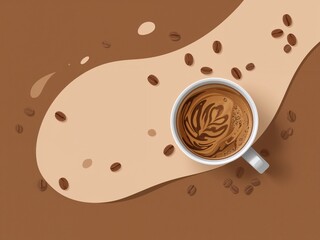 Coffee cup with latte art on abstract brown background with beans, creative cafe banner with copy space.