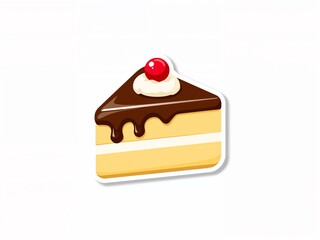 Cute slice of layered cake illustration with chocolate topping and cherry, isolated on white background.