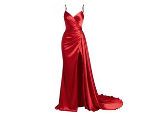 Elegant red satin evening gown with a high slit isolated on transparent background