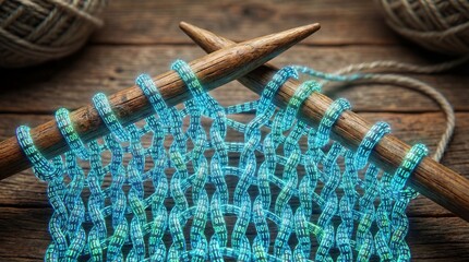 Knitting needles weaving glowing binary code into a digital fabric, a creative metaphor for custom software development and coding.