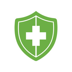 Obraz premium Green Medical Shield with White Cross Symbolizing Health Protection.