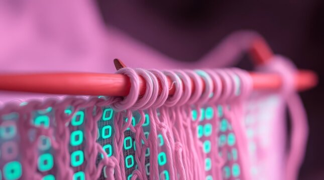 Knitting needles weaving glowing binary code into a digital fabric, a creative metaphor for custom software development and coding. - Powered by Adobe
