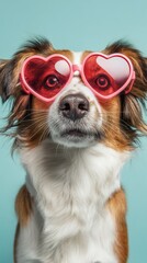 Dog wearing heart-shaped sunglasses with blue background, vertical photo