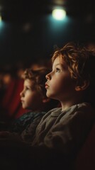 Two children watching a film attentively in a dark cinema, vertical photo