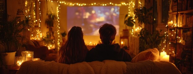 Couple watching a movie on a sofa in a cozy living room  