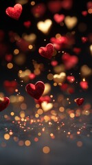 Floating red hearts with bokeh lights on dark vertical background, Valentine's day concept