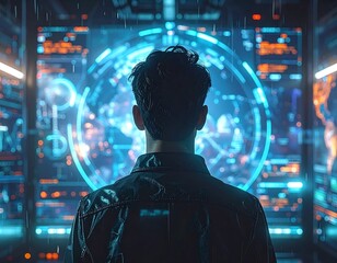 A person observing complex data visualizations in a futuristic environment