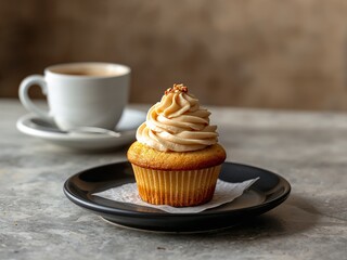 Caramel cupcake on plate with coffee cup in background, cozy cafe dessert scene with shallow depth.