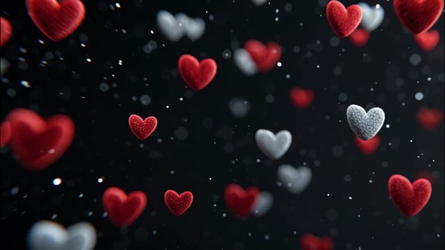 Floating red and silver hearts on dark background with sparkles, Valentine's day concept - Powered by Adobe
