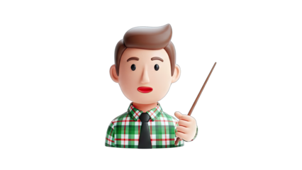 3D Cartoon Man Pointing with Pointer Stick on White Background