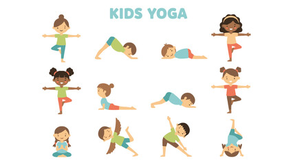 Diverse group of children practicing various yoga poses with joy and focus.