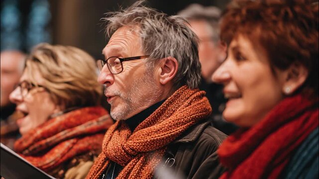 Elderly people singing in a choir holding music sheets 