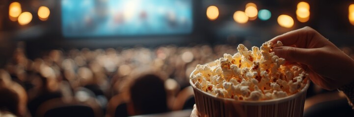 Person holding popcorn while watching a movie in a cinema  