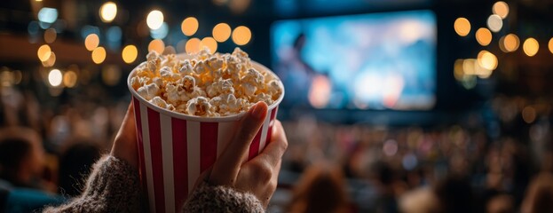 Person holding popcorn while watching movie in cinema with audience  