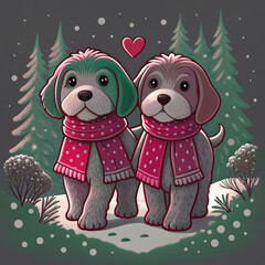 Minimalist Dog Couple Concept. Cute dogs wearing scarves walk together in snowy forest, expressing love and friendship