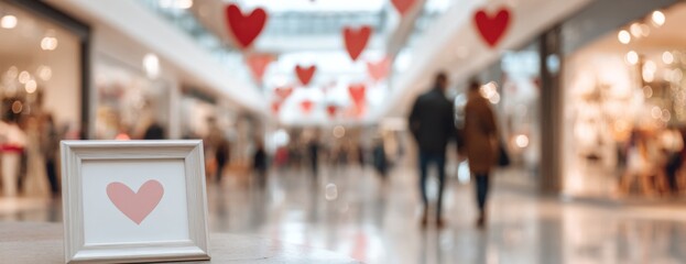 Romantic heart decorations in shopping mall with couples walking during Valentine's day