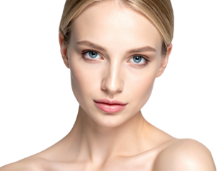 A close-up portrait shows a fair-skinned, blond woman with blue eyes gazing directly at the viewer. Her shoulders are bare