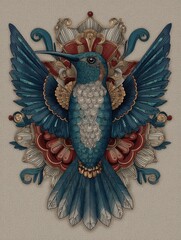 Naklejka premium Artistic Blue Hummingbird with Intricate Floral Design on Textured Background