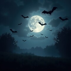 Bats flying under full moon