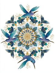 Naklejka premium Blue Hummingbirds Fly Around Intricate Golden Mandala Ornament With Teal Accents And Glitter