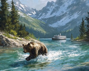 Brown Bear Running Through Turquoise Lake With Snow Capped Mountains And A Steamboat In The Background