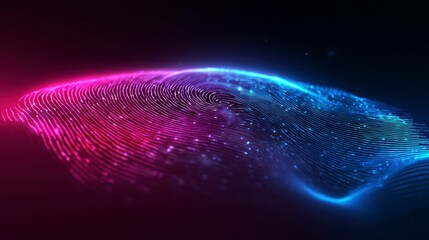 A vibrant digital fingerprint illustration, illuminated with pink and blue hues, creating a futuristic, abstract aesthetic