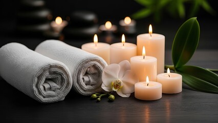 Relaxing spa setting with candles and towels