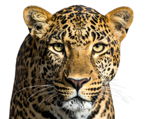 A close-up portrait of a leopard, showcasing its spotted fur and piercing yellow eyes. Its gaze is direct and focused, with a black background