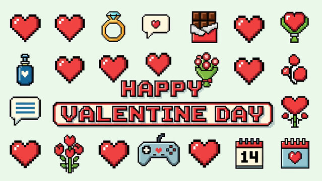 Pixel art Valentine's Day icons and symbols with hearts