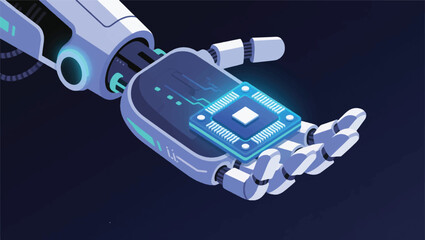Illustration of a Humanoid Robot's Metal Hand Holding an Innovative and Advanced Microchip Vector Design Template