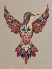 Naklejka premium Intricate Bejeweled Hummingbird with Golden Beak and Spread Wings Against Textured Background