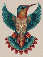 Naklejka premium Intricate Hummingbird With Ornate Tribal Tattoo And Colorful Feathered Wings Against Textured Background