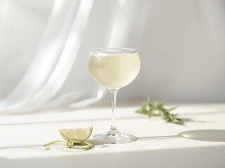White wine in glass on sunlit table with soft fabric and lime slice, minimal summer drink scene.