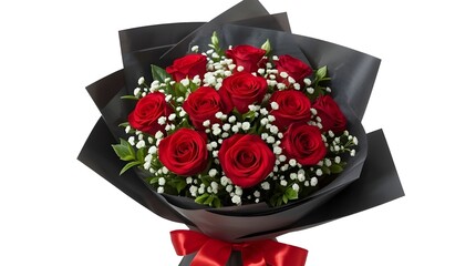 Bouquet of red roses and white baby breath flowers in black wrapping. The bouquet has a structured, symmetrical shape that looks carefully hand-arranged.