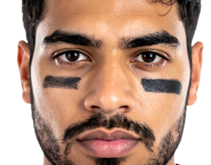 A close-up portrait shows a man with dark hair, a beard, and eye black. His gaze is direct, filling the frame