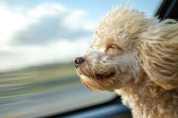 A small, fluffy dog sits contentedly in the passenger seat of a car, its eyes closed in bliss as it enjoys the ride.