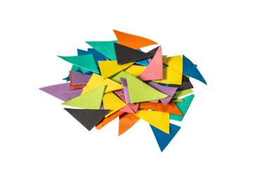 Colorful Paper Triangles in Various Shades: A Pile of Wrinkle Paper Crafting, Showcasing Bright Colors and Inspiring Paper Art Creations on Transparent Background.