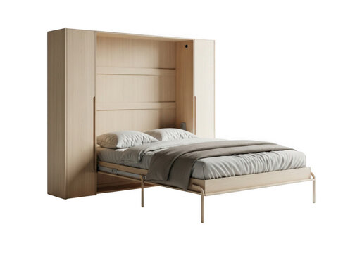 Modern beige murphy bed with mattress and frame isolated on transparent background