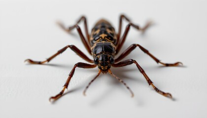 Fototapeta premium An insect with six legs and two antennae against a white background. It is closely cropped to focus on the bug, which has distinctive black and orange markings