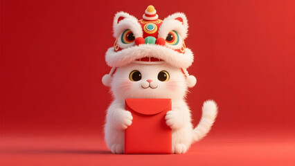 Fototapeta premium Fluffy White Cat Holding Red Envelope for New Year