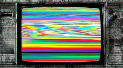 A vintage television displays colorful horizontal static, capturing a glitch effect. The frame shows wear and tear