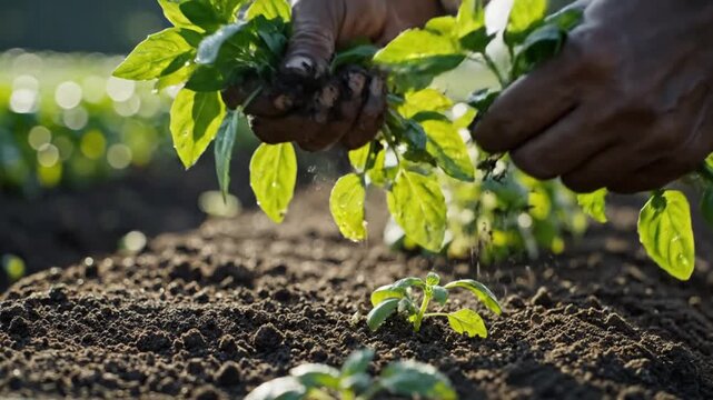 Hands planting green pepper seedlings in fertile soil under sunlight