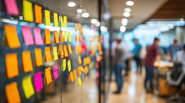 A wall of colorful sticky notes on a glass partition in a modern office, blurred figures of people are visible