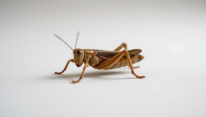 A single grasshopper with intricate brown and black patterns sits still against a white background, emphasizing its unique markings.
