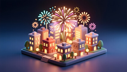 A miniature city glowing under festive fireworks