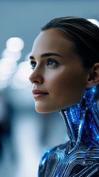 Confident woman with advanced cybernetic implants, illuminated circuits represents future AI, human technology integration. Background features soft, futuristic blur with bokeh lights