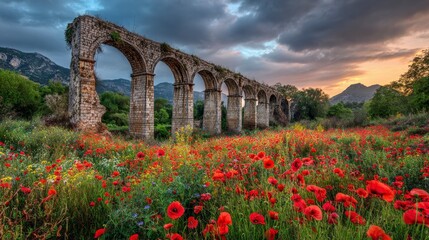 Obraz premium A weathered aqueduct structure framed by archways, set in a field of red poppies under a dramatic sky
