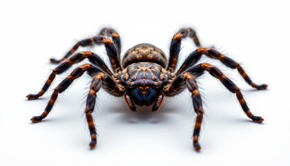Fototapeta premium A close up of a striking black and orange tarantula with brown spots on its legs, sitting on a flat surface against a plain background.