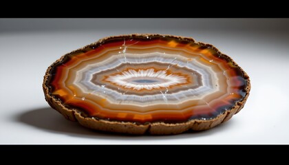 A natural agate geode slice with intricate banding patterns in shades of orange, brown, and black, set against a plain white background.